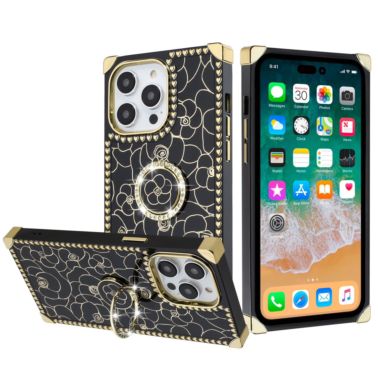 Floral Series Square Case With Ring Grip for iPhone 14 - Black