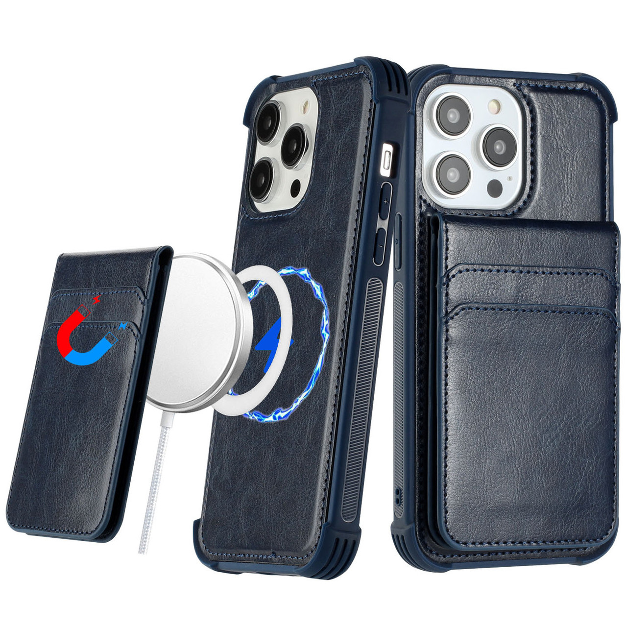 HR Wireless MagSafe Compatible Leather Wallet Case for iPhone 14 Pro Max - Navy Blue