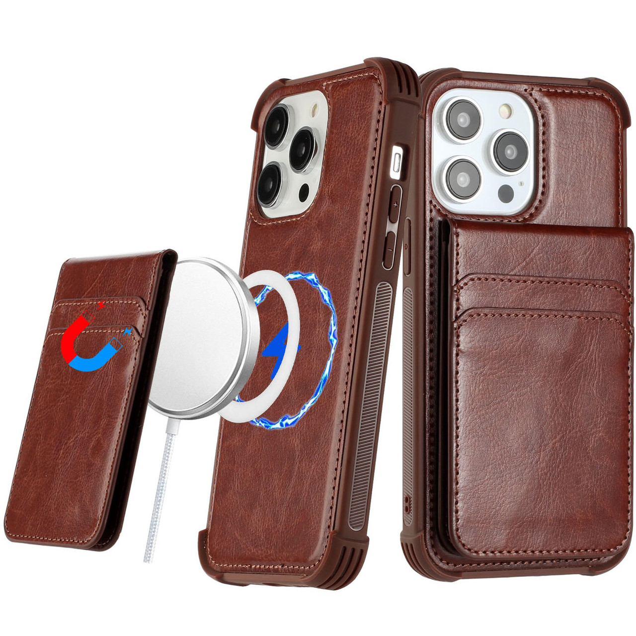 MagSafe Compatible Leather Case with Magnetic Bifold Wallet for iPhone 13 Pro Max - Brown