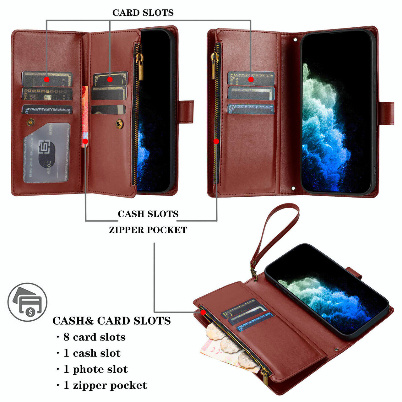 iPhone XR Leather Flip Case Cover,iPhone XR Zipper Wallet Case for