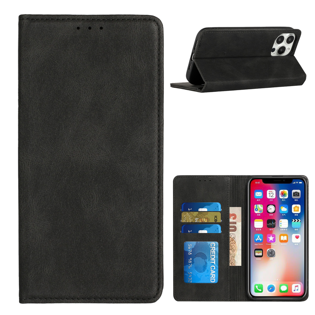 Leather Folio Wallet Case for iPhone 15 Pro Max - Black