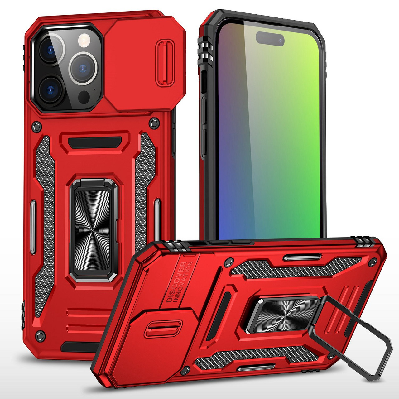 Military Grade Ring Holder Case with Camera Lens Cover for iPhone 15 Pro  Max - Red