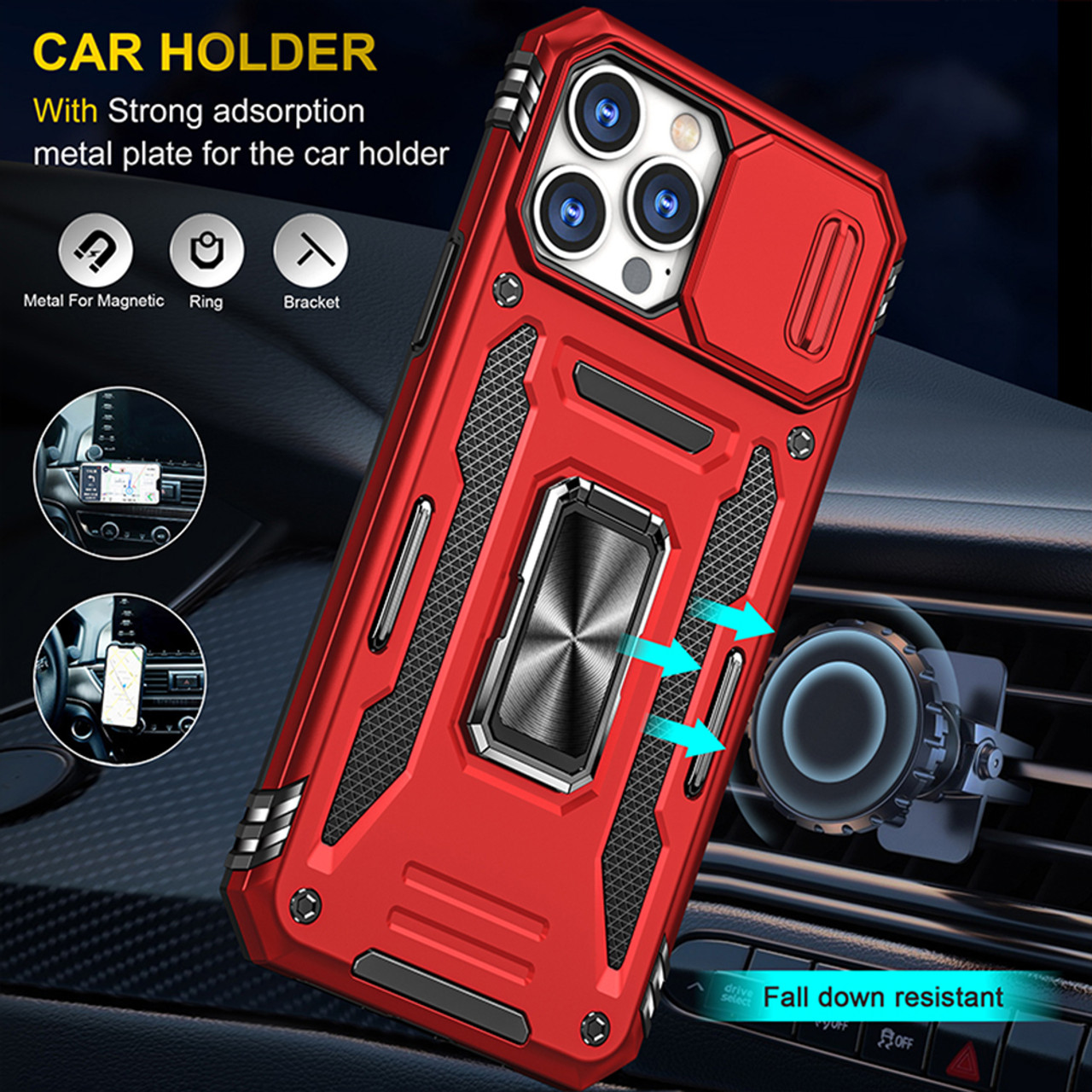 Military Grade Ring Holder Case with Camera Lens Cover for iPhone 15 Pro  Max - Red