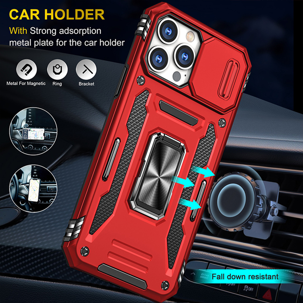 Military Grade Ring Holder Case with Camera Lens Cover for iPhone 15 Pro  Max - Red - HD Accessory