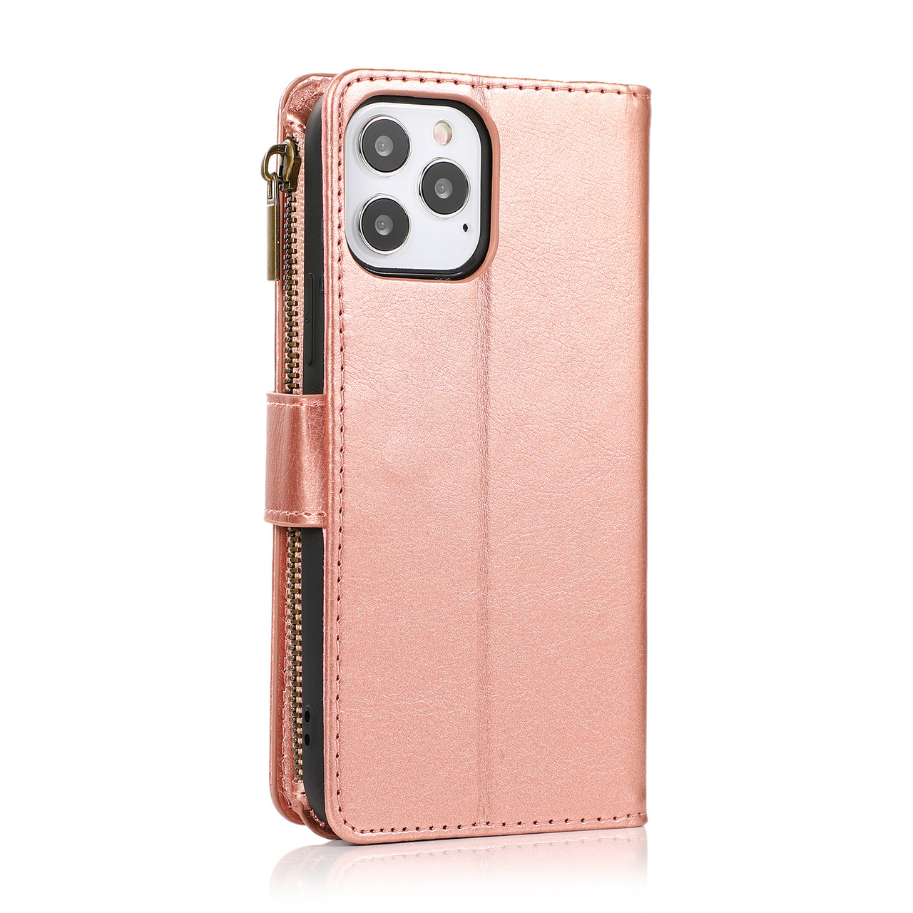 Leather Wallet Case with Zipper Pocket for iPhone 15 Pro Max - Rose Gold -  HD Accessory