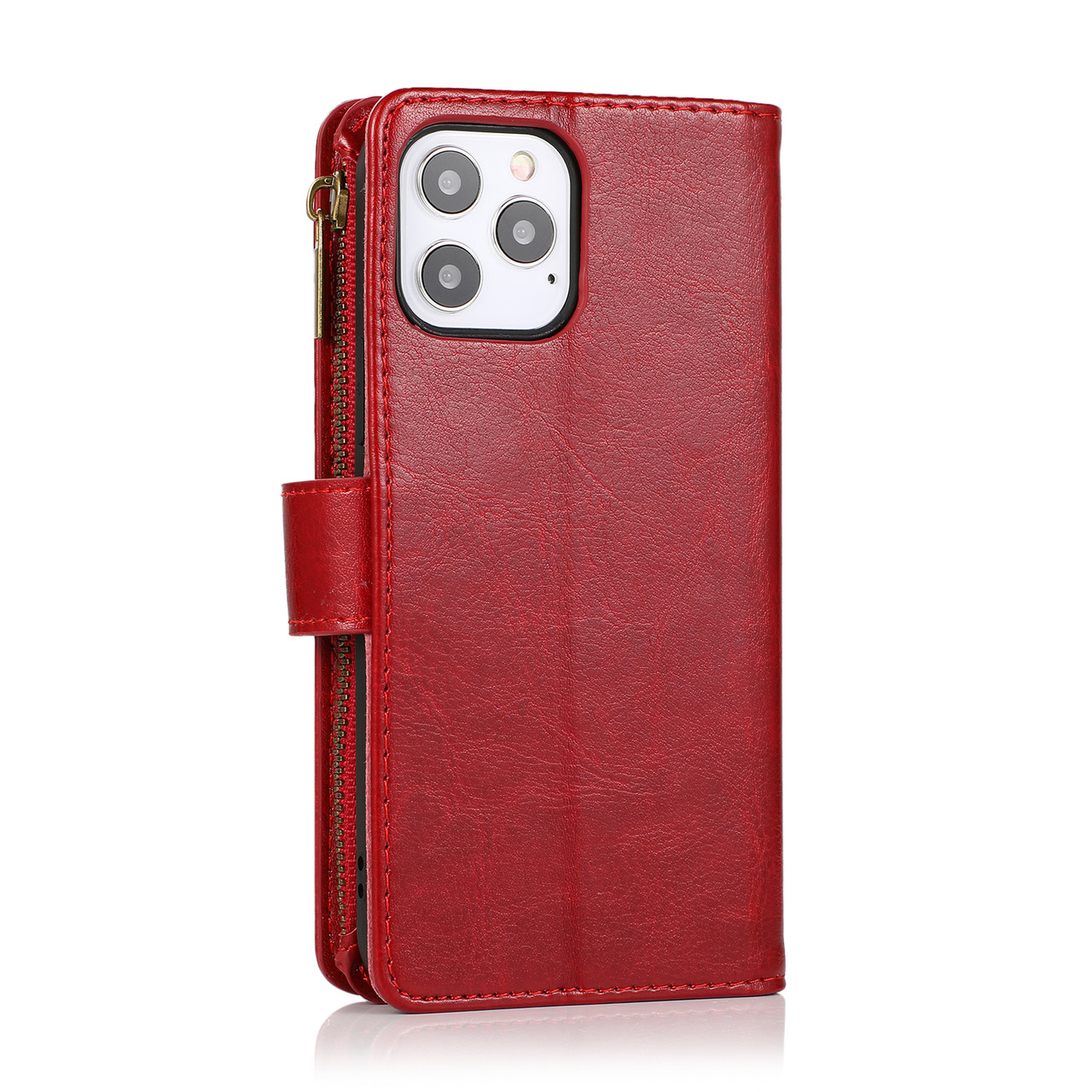 iPhone 15 Plus Luxury Leather Zipper Wallet Case with Wrist Strap and 7  Card Slots Red