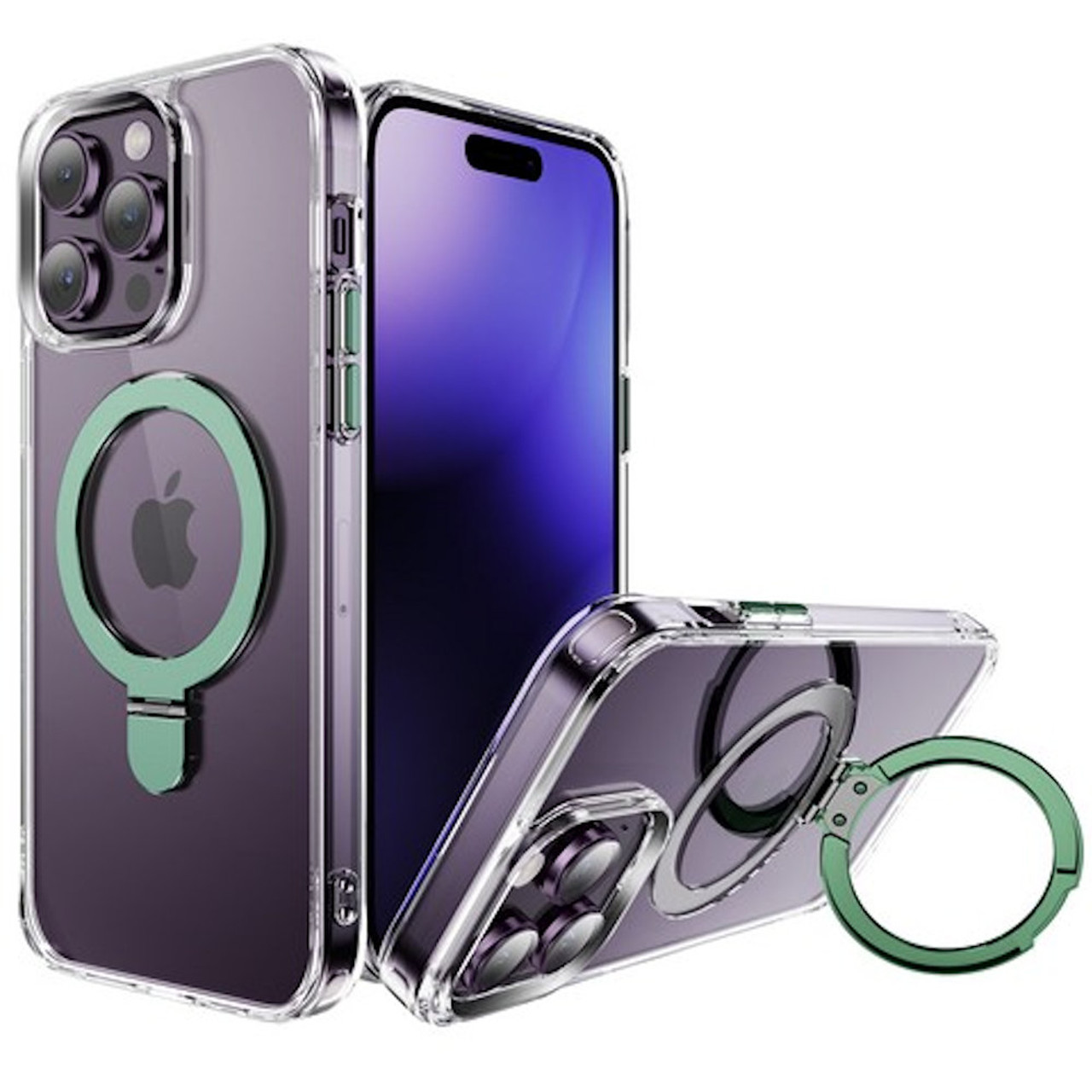 HD Transparent Case with MagSafe Kickstand Ring Holder for iPhone 15 Pro Max  - Green - HD Accessory