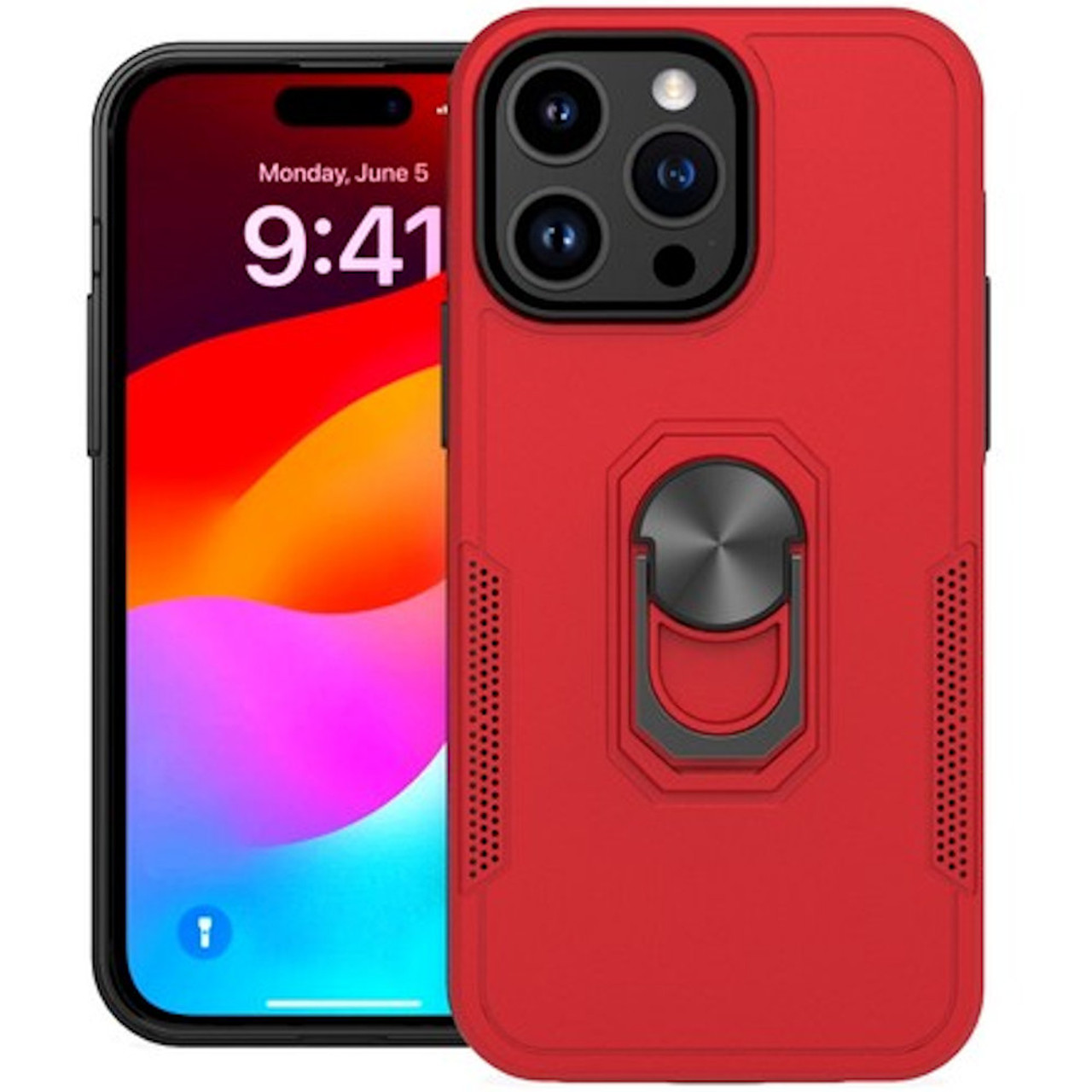 TUFF Hybrid Case with Ring Grip for iPhone 15 Pro Max - Red - HD