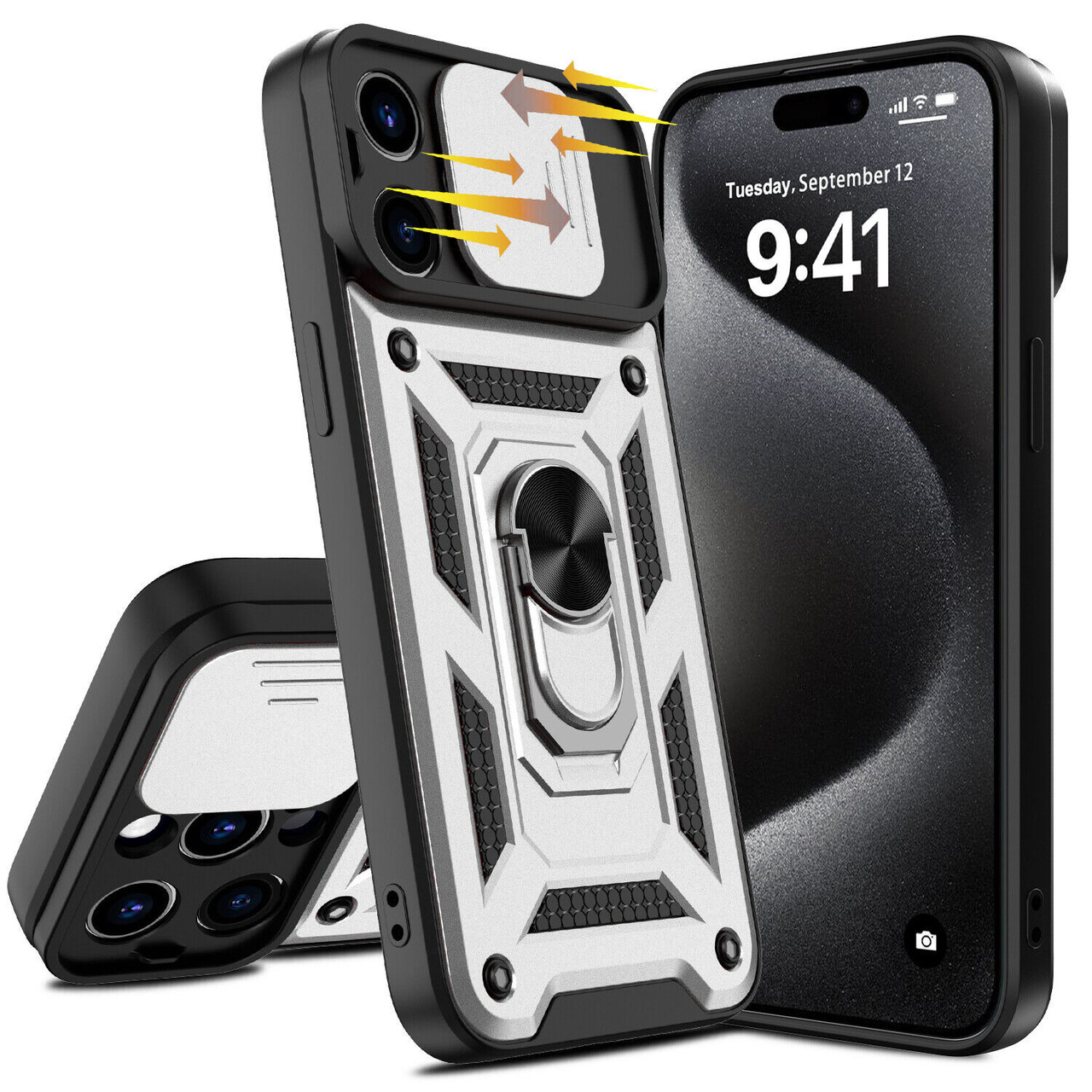 Elite Series Hybrid Case with Ring Grip and Camera Lens Cover for iPhone 15  Pro Max - Silver 