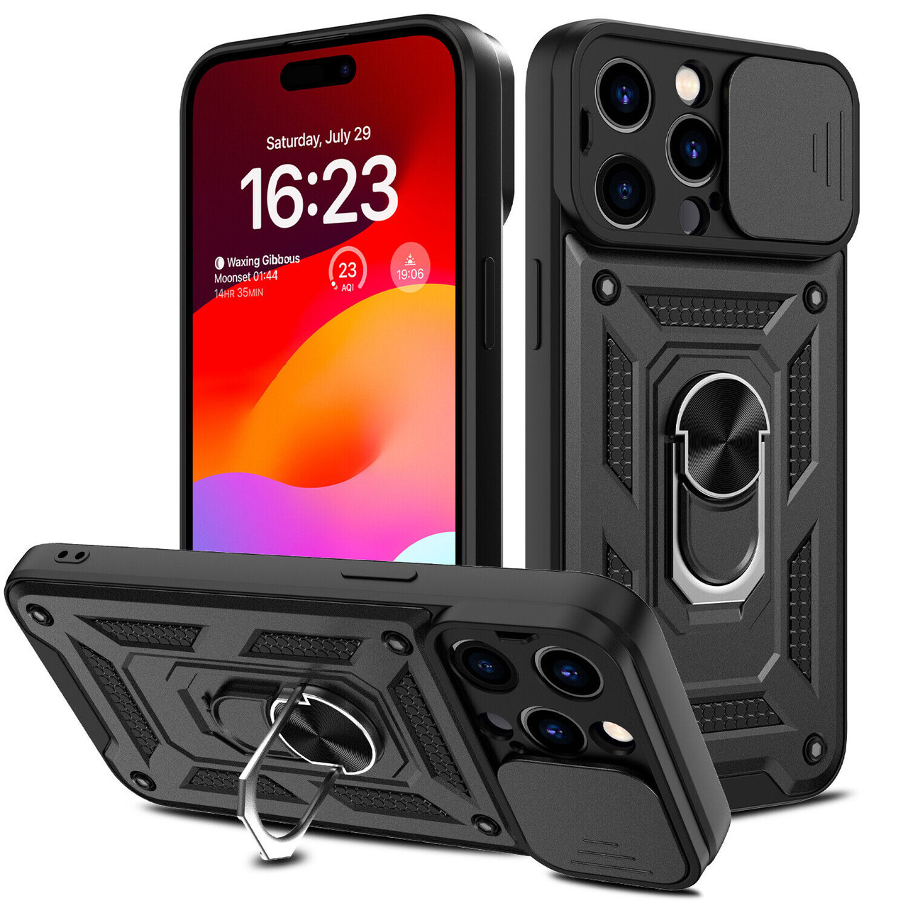 Fatboy Cellular Elite Series Hybrid Case with Ring Grip and Camera Lens Cover for iPhone 15 Pro - Black