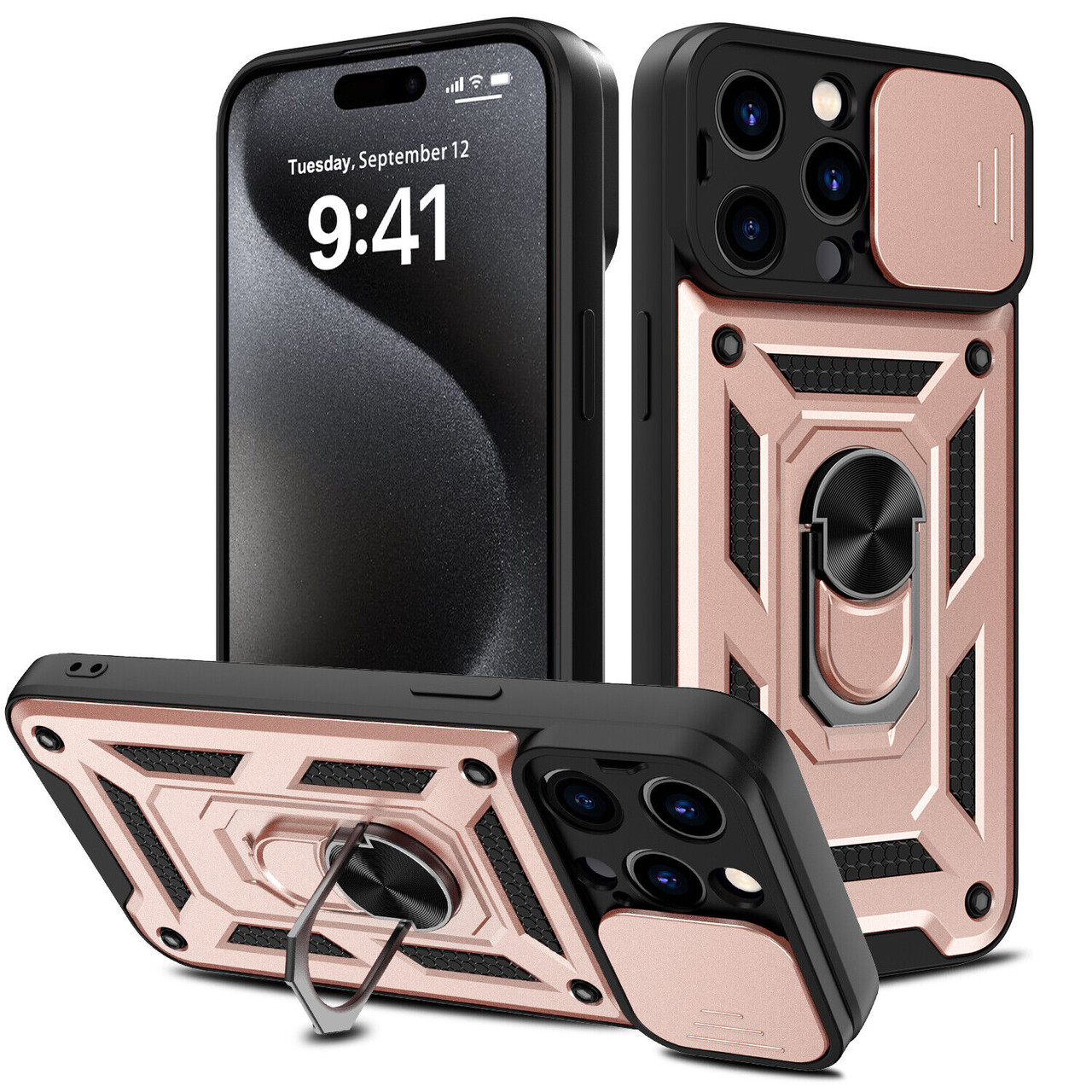 Elite Series Hybrid Case with Ring Grip and Camera Lens Cover for iPhone 15  Pro - Rose Gold - HD Accessory