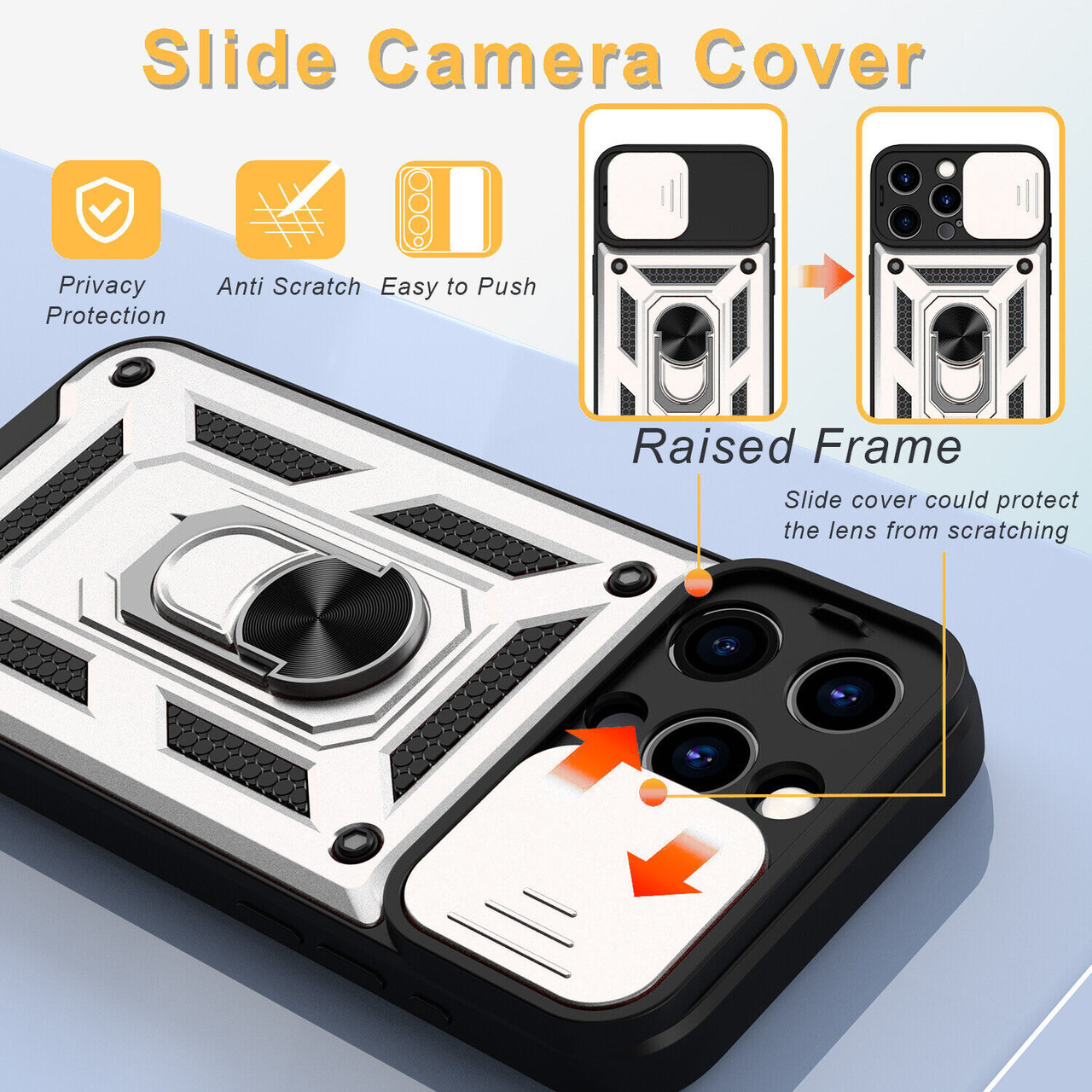 Elite Series Hybrid Case with Ring Grip and Camera Lens Cover for iPhone 15  Pro Max - Silver 