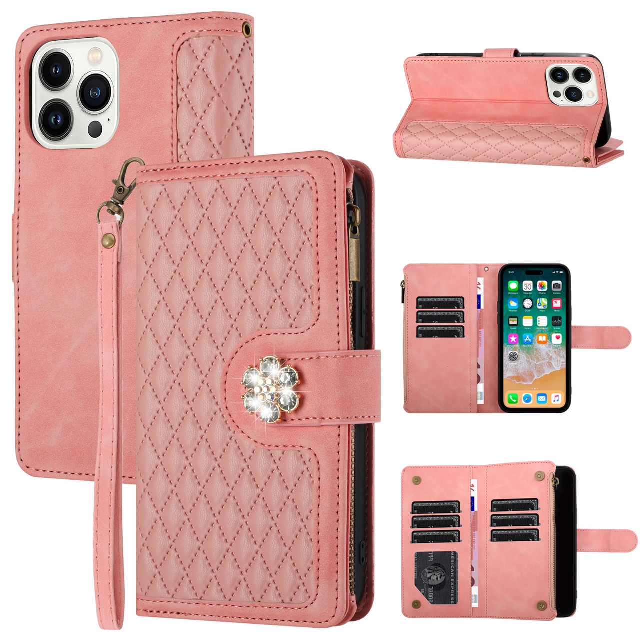 iPhone 15 Pro Max Luxury Leather Zipper Wallet Case with Wrist