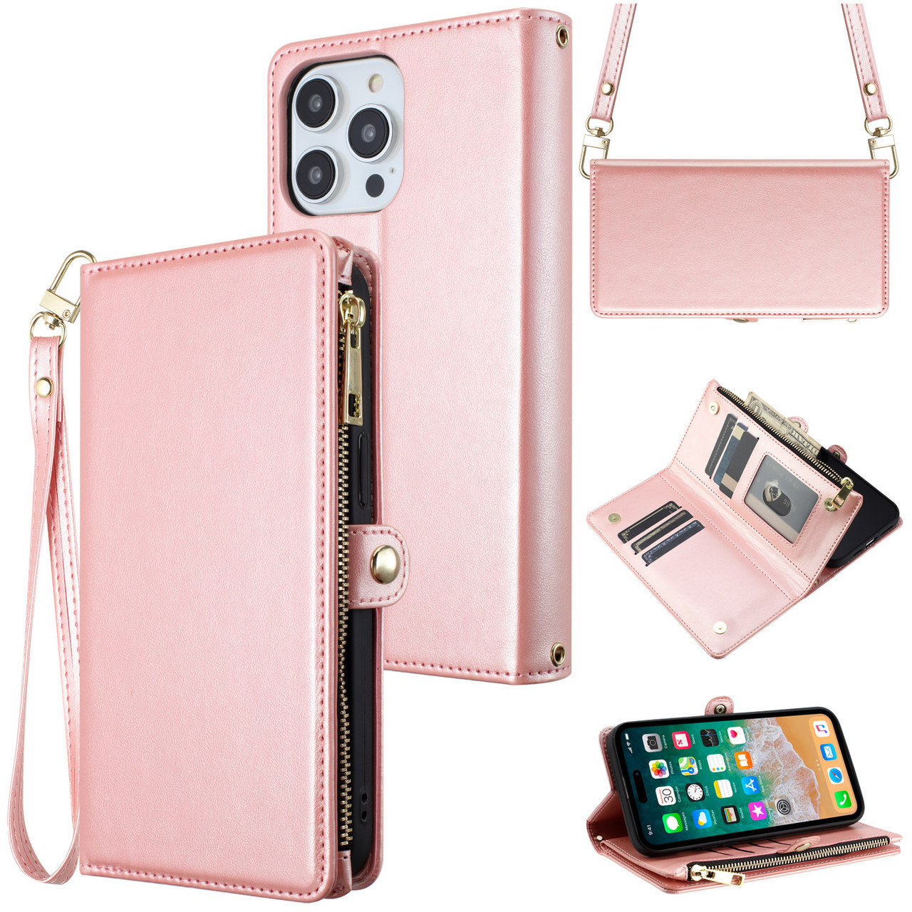 Leather Wallet Case with Zipper Pocket and Crossbody Strap for iPhone 14  Pro Max - Rose Gold - HD Accessory