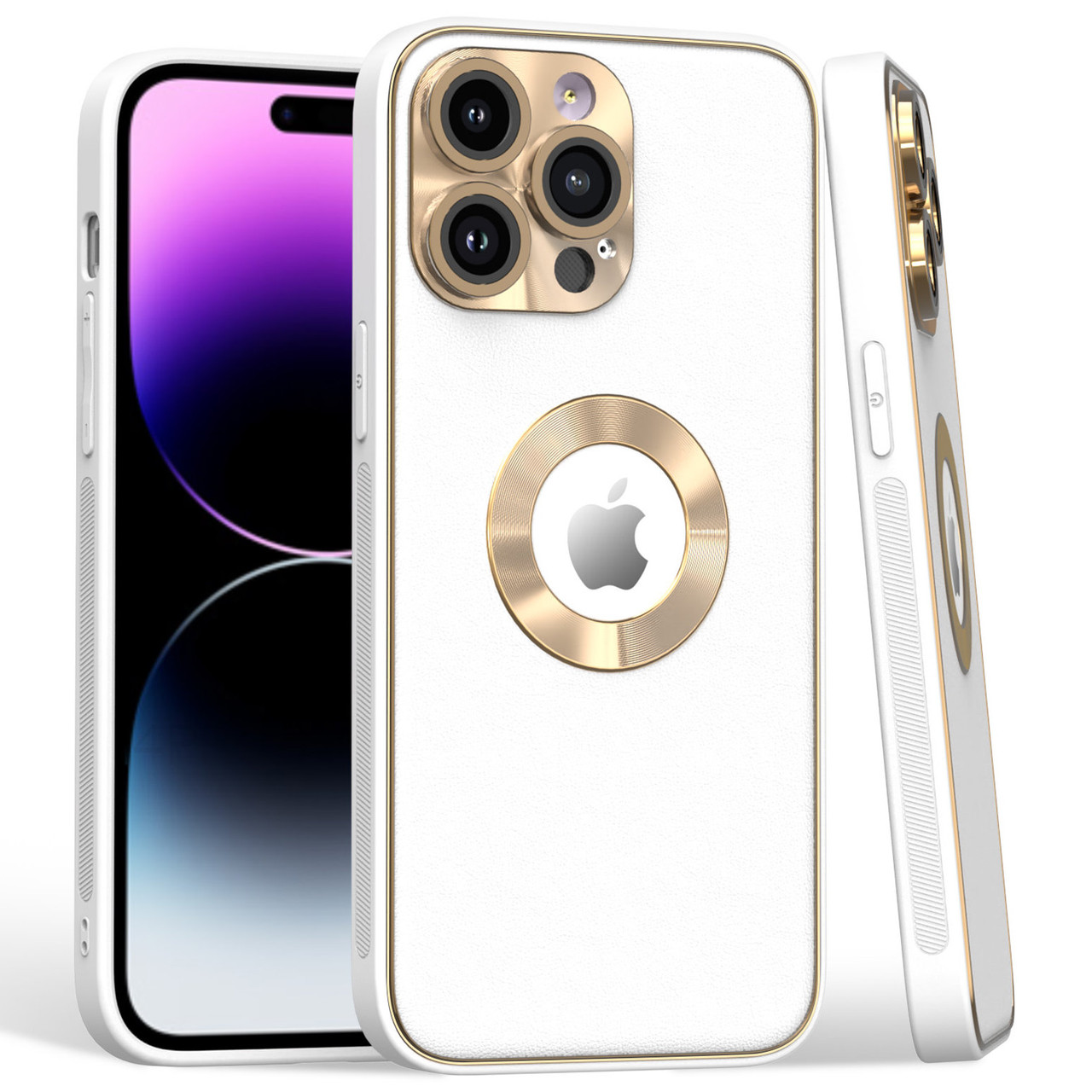 Luxury Leather Hybrid Case with Integrated Tempered Glass Camera Lens  Protector for iPhone 15 Pro Max - White - HD Accessory