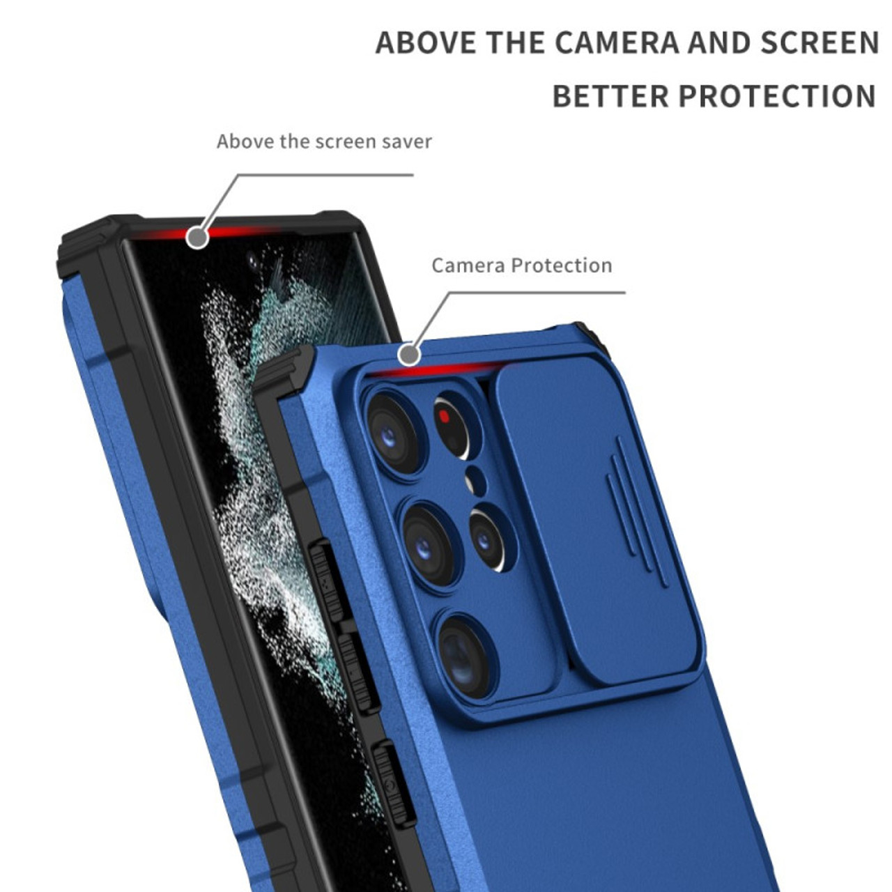 Galaxy S24 Ultra 5G 6.8 inch Matte Textured Sturdy Bumper Rugged Case with  Slidable Camera Lens Cover, Kickstand - blue