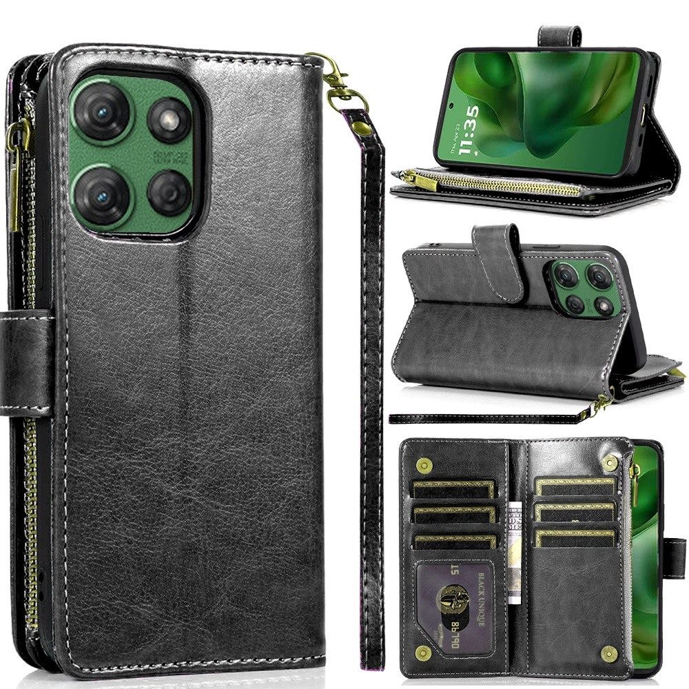 Leather Wallet Case with Zipper Pocket for Motorola Moto G Power