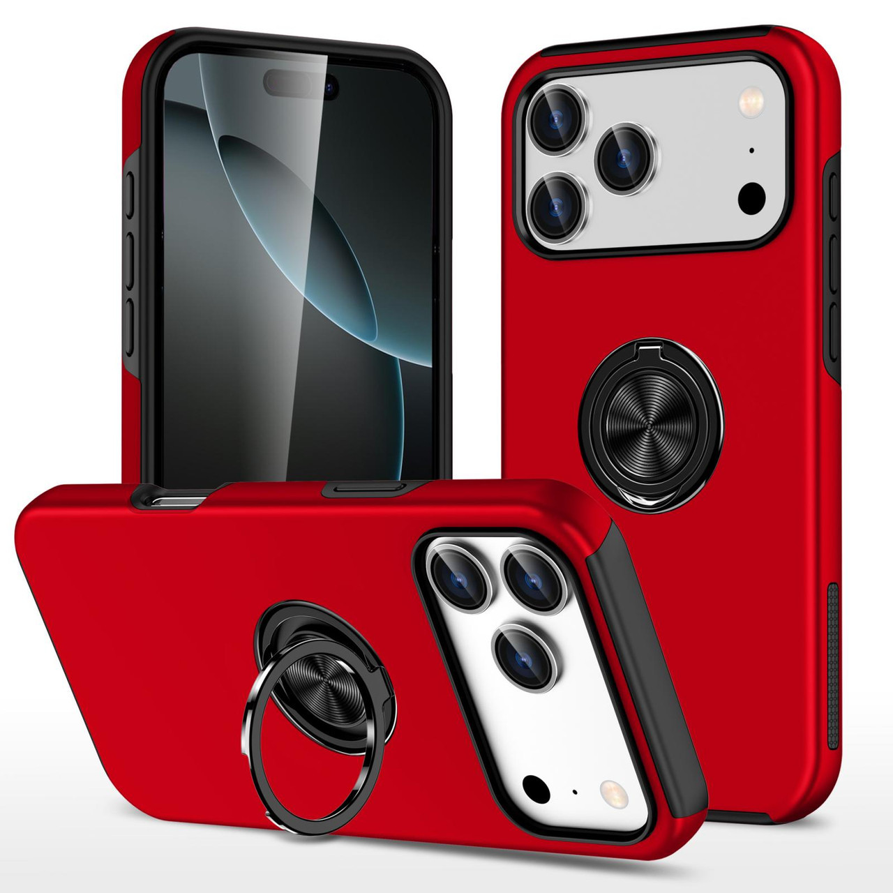 360 Rotating Ring Grip Hybrid Case for iPhone 17 Pro Max - Red