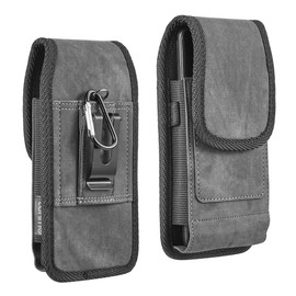 Premium Canvas Fabric Vertical Hip Pouch Phone Case with Carabiner Clip (6.5 inch & Above Screen Size) - Black