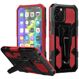 Military-Style Hybrid Armor Case with Integrated Belt Clip and Kickstand for iPhone 12 Pro Max - Red