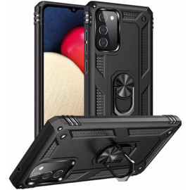 Finger Loop Armor Hybrid Case with 360° Rotating Ring Holder Kickstand for Samsung Galaxy A02s - Black