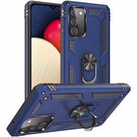 Finger Loop Armor Hybrid Case with 360° Rotating Ring Holder Kickstand for Samsung Galaxy A02s - Navy Blue