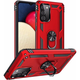 Finger Loop Armor Hybrid Case with 360° Rotating Ring Holder Kickstand for Samsung Galaxy A02s - Red