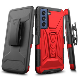 3-IN-1 Advanced Armor Hybrid Case with Belt Clip Holster for Samsung Galaxy S21 FE 5G - Red