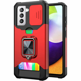 Military Grade All-In-One Ring Stand Card Case for Samsung Galaxy S22 5G - Red