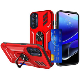 Tough Ring Holder Case with Card Slot for Motorola Moto G Stylus 5G 2022 - Red