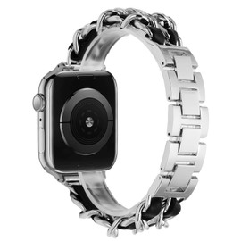 Steel Chain Bracelet Interwoven with Leather Strap for Apple Watch 45mm / 44mm / 42mm - Silver Black
