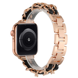 Steel Chain Bracelet Interwoven with Leather Strap for Apple Watch 41mm / 40mm / 38mm - Rose Gold Black