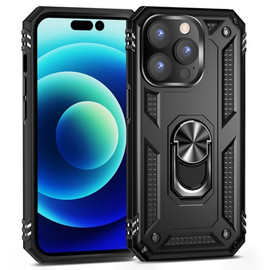 Military Grade Finger Loop Case with 360° Rotating Ring Grip Kickstand for iPhone 14 Pro Max - Black