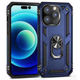 Military Grade Finger Loop Case with 360° Rotating Ring Holder Kickstand for iPhone 14 Pro - Navy Blue