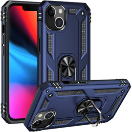 Military Grade Finger Loop Case with 360° Rotating Ring Grip Kickstand for iPhone 14 - Navy Blue