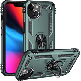Military Grade Finger Loop Case with 360° Rotating Ring Grip Kickstand for iPhone 14 Plus - Green