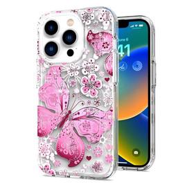 Butterfly Series Dual Layer Transparent Hybrid Case for iPhone 14 Plus - Pink