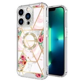Shockproof Fusion Shield Tough Snap-on Case with Ring Grip for iPhone 14 Pro - Marble Pink
