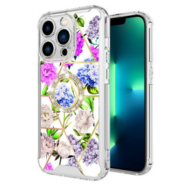 Shockproof Fusion Shield Tough Snap-on Case with Ring Grip for iPhone 14 Pro - Flower