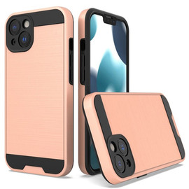 Brushed Metal Textured Hybrid Armor Case for iPhone 14 - Rose Gold