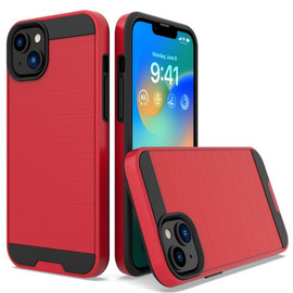Brushed Metal Textured Hybrid Armor Case for iPhone 14 Plus - Red