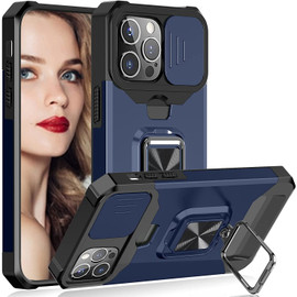 Military Grade All-In-One Ring Stand Card Case for iPhone 14 Pro Max - Navy Blue