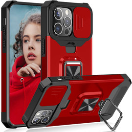 Military Grade All-In-One Ring Stand Card Case for iPhone 14 Pro - Red