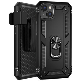 Military Grade Finger Loop Case with Belt Clip Holster for iPhone 14 - Black
