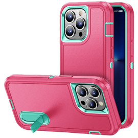 Military Grade TUFF Hybrid Armor Case with Kickstand for iPhone 14 - Hot Pink Teal