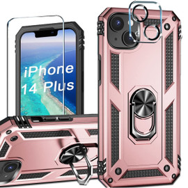 Military Grade Finger Loop Case with 360° Rotating Ring Grip Kickstand + Tempered Glass Screen and Camera Lens Protector for iPhone 14 Plus - Rose Gold
