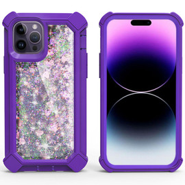 Military Grade Quicksand Glitter Waterfall Hybrid Case for iPhone 14 Pro - Purple