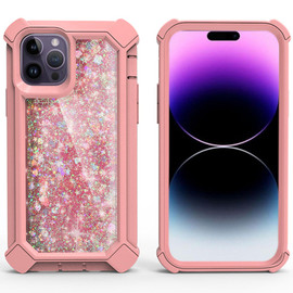 Military Grade Quicksand Glitter Waterfall Hybrid Case for iPhone 14 Pro - Pink