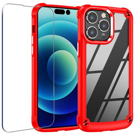 Tough Shield Snap-on Transparent Case and Tempered Glass Screen Protector for iPhone 14 Pro Max - Red