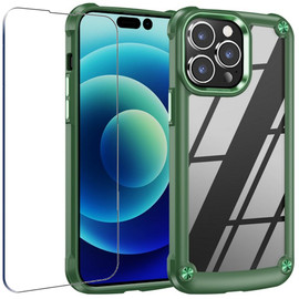 Tough Shield Snap-on Transparent Case and Tempered Glass Screen Protector for iPhone 14 Pro Max - Green